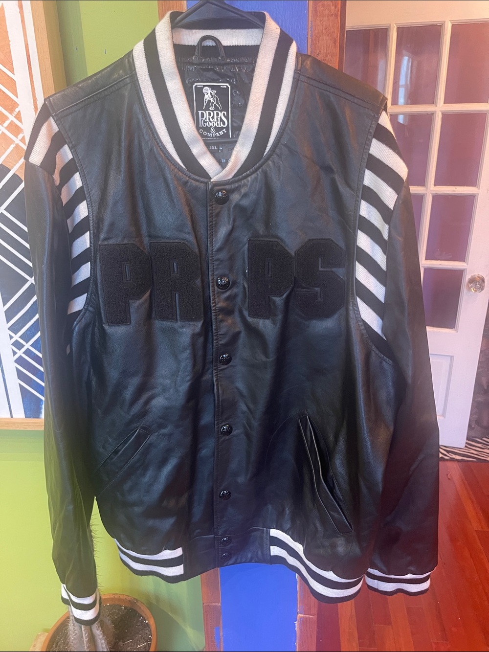 PRPS Black Leather Varsity Jacket with White Stripe Trim
